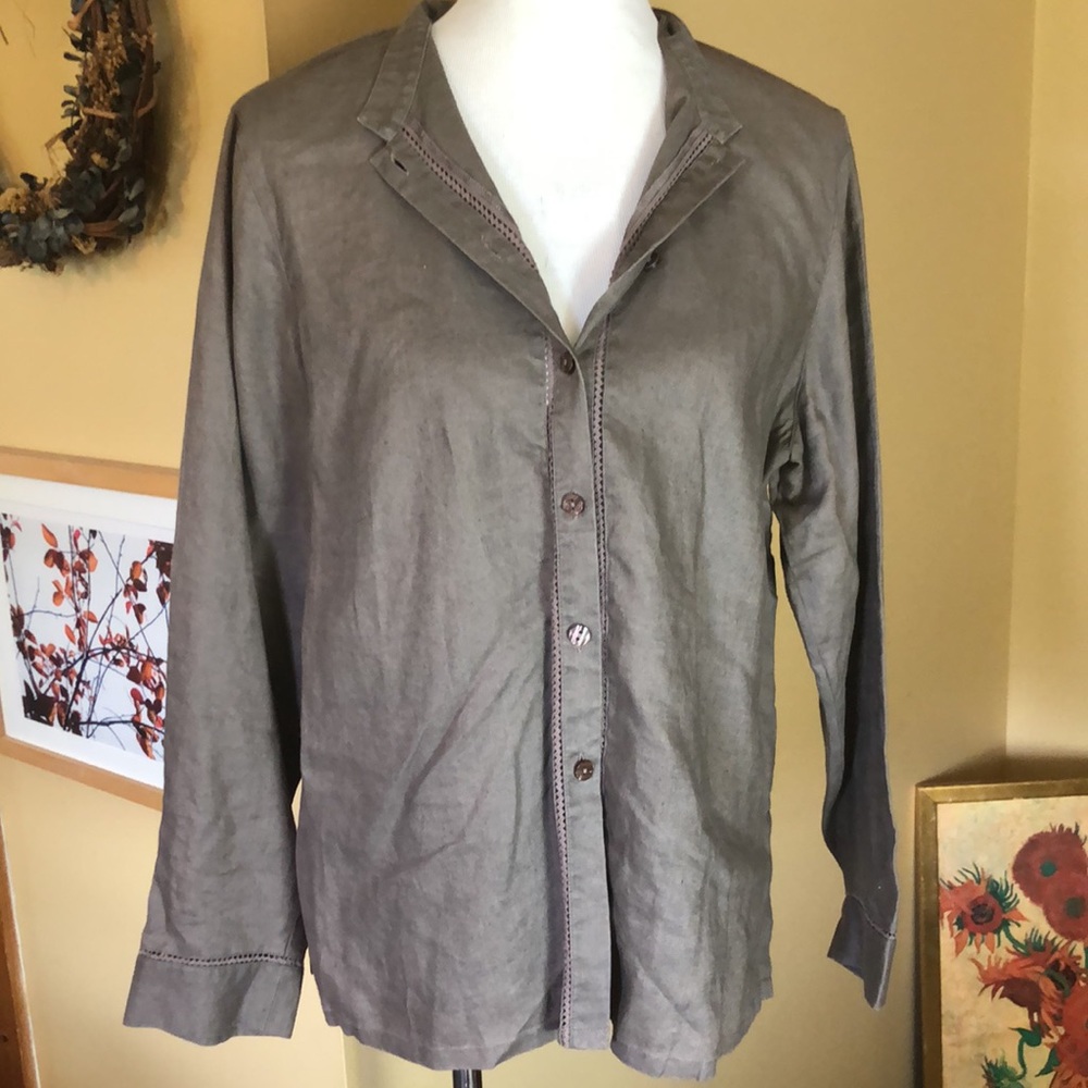 SIGRID OLSEN Size Large ButtonDown Casual LagenLook Linen Embroidered $129 NEW